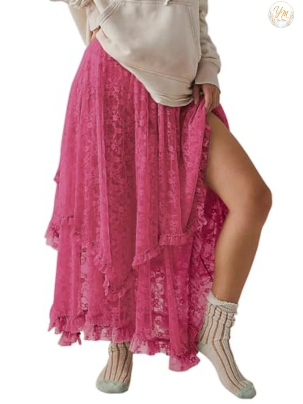 Lace Floral Maxi Skirt Handkerchief Hem See Through Cover Up